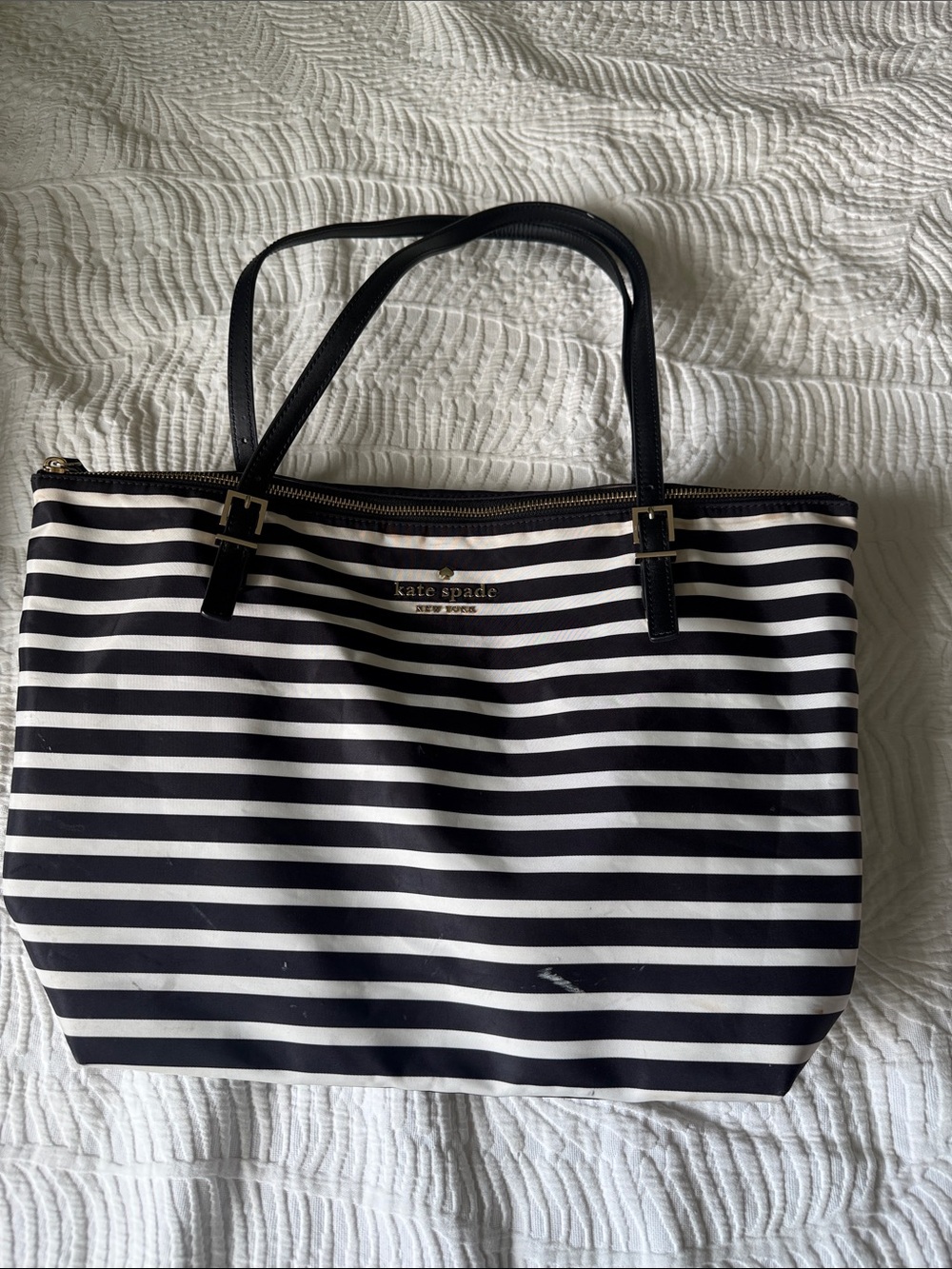 kate spade Black and White Striped Canvas Tote with Leather Handles